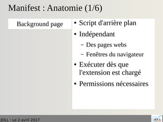 JDLL : Le 2 avril 2017
Manifest : Anatomie (1/6)
● Script d'arrière plan
● Indépendant
– Des pages webs
– Fenêtres du navigateur
● Exécuter dès que
l'extension est chargé
● Permissions nécessaires
Background page
 
