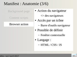 JDLL : Le 2 avril 2017
Manifest : Anatomie (3/6)
● Action du navigateur
<> des navigateurs
● Accès par un icône
– Barre d'outils navigateur
● Possible de définir
– Fenêtre contextuelle
● Langage :
– HTML / CSS / JS
Background page
Content scripts
Browser action
 