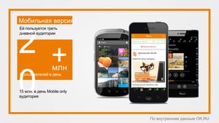 млн
Мобильная версия
Пользователей в день
15 млн. в день Mobile only
аудитория
Ей пользуется треть
дневной аудитории
По внутренним данным OK.RU
 