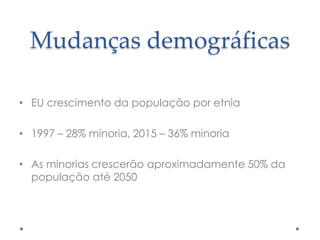 Mudanças demográficas
• EU crescimento da população por etnia

• 1997 – 28% minoria, 2015 – 36% minoria
• As minorias crescerão aproximadamente 50% da
população até 2050

 