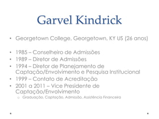 Garvel Kindrick
• Georgetown College, Georgetown, KY US (26 anos)
• 1985 – Conselheiro de Admissões
• 1989 – Diretor de Admissões
• 1994 – Diretor de Planejamento de
Captação/Envolvimento e Pesquisa Institucional
• 1999 – Contato de Acreditação
• 2001 a 2011 – Vice Presidente de
Captação/Envolvimento
o Graduação, Captação, Admissão, Assistência Financeira

 