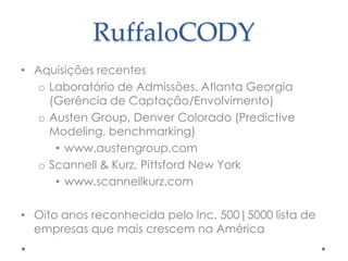 RuffaloCODY
• Aquisições recentes
o Laboratório de Admissões, Atlanta Georgia
(Gerência de Captação/Envolvimento)
o Austen Group, Denver Colorado (Predictive
Modeling, benchmarking)
• www.austengroup.com
o Scannell & Kurz, Pittsford New York
• www.scannellkurz.com

• Oito anos reconhecida pelo Inc. 500|5000 lista de
empresas que mais crescem na América

 