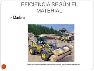 EFICIENCIA SEGÚN EL
MATERIAL
4
 Madera
Fuente: http://html.rincondelvago.com/maquinas-y-equipos_pala-cargadora-carterpiller.html
 