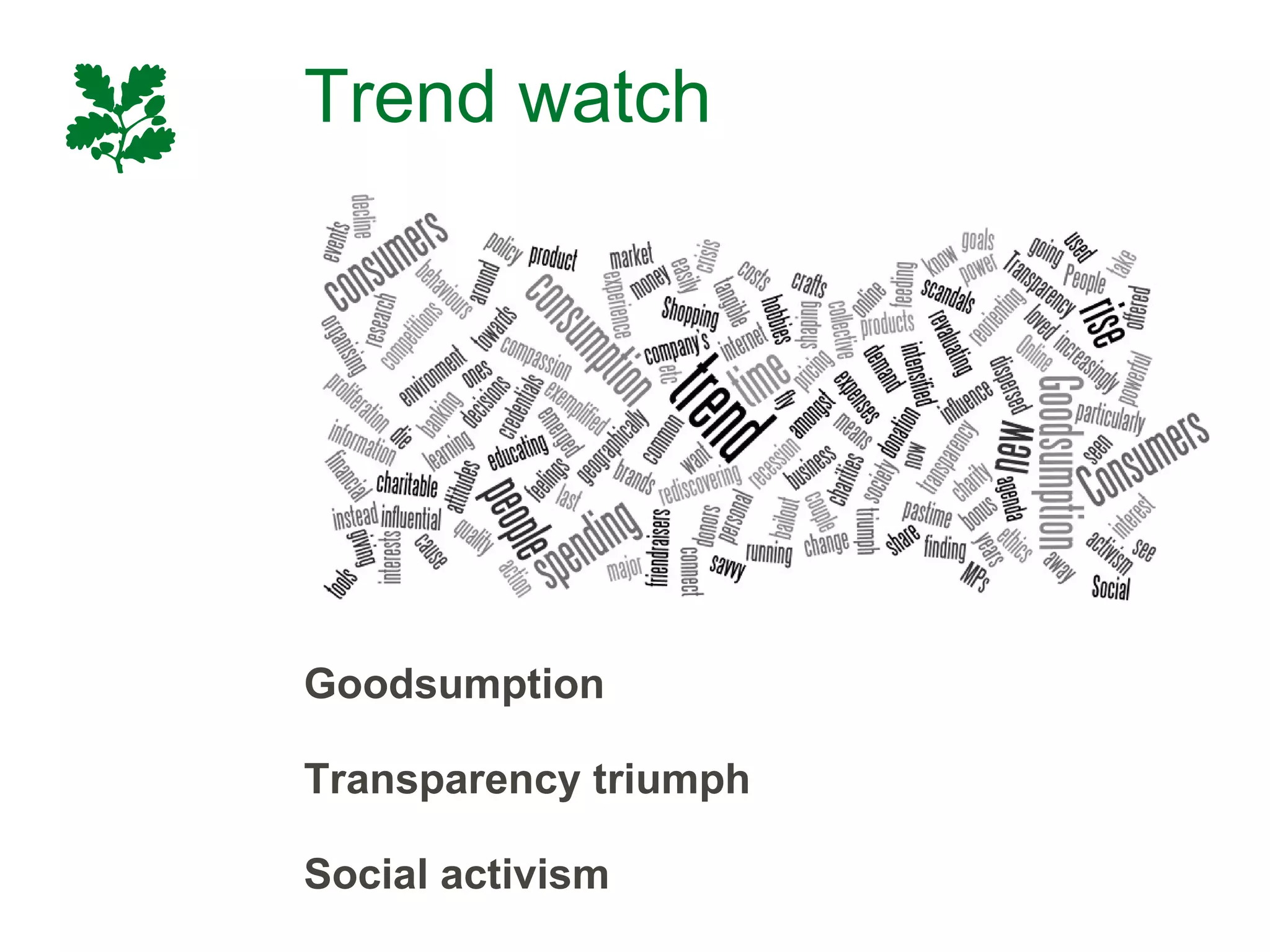 Trend watch




Goodsumption

Transparency triumph

Social activism
 