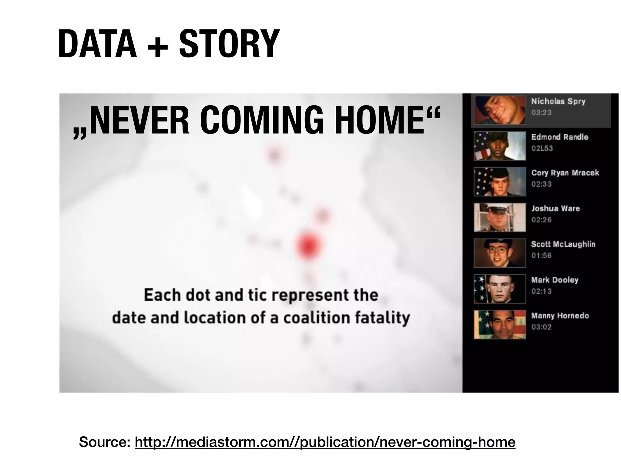 DATA + STORY
„NEVER COMING HOME“




 Source: http://mediastorm.com//publication/never-coming-home
 