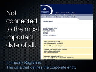 Not
connected
to the most
important
data of all...

Company Registries:
The data that defines the corporate entity
 