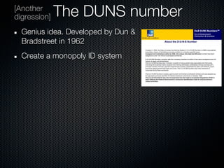 [Another
digression]   The DUNS number
  Genius idea. Developed by Dun &
  Bradstreet in 1962
  Create a monopoly ID system
 