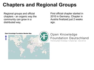 Chapters and Regional Groups
Regional groups and official    First official chapter started in
chapters - an organic way the   2010 in Germany. Chapter in
community can grow in a         Austria finalized just 2 weeks
distributed way.                ago.
 