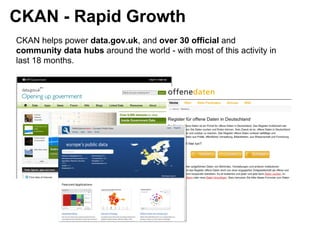 CKAN - Rapid Growth
CKAN helps power data.gov.uk, and over 30 official and
community data hubs around the world - with most of this activity in
last 18 months.
 
