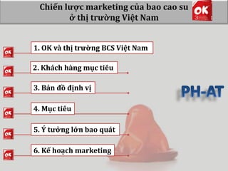 Chiến lược marketing của bao cao su
ở thị trường Việt Nam
1. OK và thị trường BCS Việt Nam
2. Khách hàng mục tiêu
3. Bản đồ định vị

4. Mục tiêu
5. Ý tưởng lớn bao quát
6. Kế hoạch marketing

 