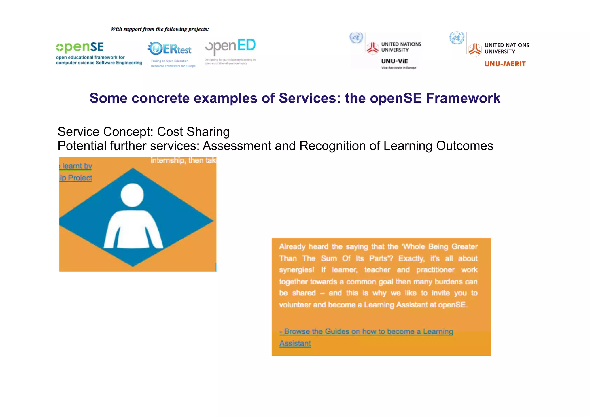 Some concrete examples of Services: the openSE Framework

Service Concept: Cost Sharing
Potential further services: Assessment and Recognition of Learning Outcomes
 