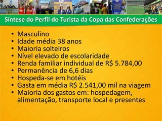 Síntese do Perfil do Turista da Copa das Confederações
• Masculino
• Idade média 38 anos
• Maioria solteiros
• Nível elevado de escolaridade
• Renda familiar individual de R$ 5.784,00
• Permanência de 6,6 dias
• Hospeda-se em hotéis
• Gasta em média R$ 2.541,00 mil na viagem
• Maioria dos gastos em: hospedagem,
alimentação, transporte local e presentes
 