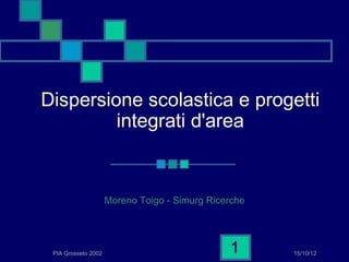 Dispersione scolastica e progetti
         integrati d'area


                     Moreno Toigo - Simurg Ricerche




 PIA Grosseto 2002                              1     15/10/12
 