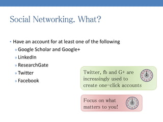 Social Networking. What?
• Have an account for at least one of the following
» Google Scholar and Google+
» LinkedIn
» ResearchGate
» Twitter
» Facebook
Twitter, fb and G+ are
increasingly used to
create one-click accounts
Focus on what
matters to you!
 