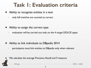 STLab ISTC - CNR
Task 1: Evaluation criteria
6
• Ability to recognize entities in a text
• only full matches are counted as correct
• Ability to assign the correct type
• evaluation will be carried out only on the 4 target DOLCE types
• Ability to link individuals to DBpedia 2014
• participants must link entities to DBpedia only when relevant
• We calculate the average Precision, Recall and F-measure
 