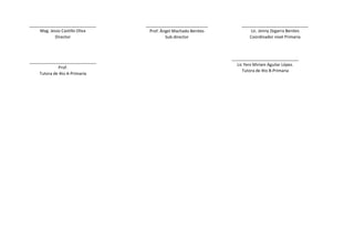 _____________________________
Mag. Jesús Castillo Oliva
Director
___________________________
Prof. Ángel Machado Benites
Sub-director
_____________________________
Lic Yeni Miriam Aguilar López.
Tutora de 4to B-Primaria
_____________________________
Lic. Jenny Zegarra Benites
Coordinador nivel Primaria
_____________________________
Prof.
Tutora de 4to A-Primaria
 