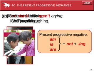 24
(a) I am not studying.
I am yawning.
(b) Jada isn’t running.
She’s walking.
(c) Scott and Katie aren’t crying.
They’re laughing.
4-3 THE PRESENT PROGRESSIVE: NEGATIVES
Present progressive negative:
am
is
are
+ not + -ing
 