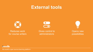 External tools
Reduces work
for course writers
Gives control to
administrators
Opens new
possibilities
the world’s open so...