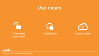 Use cases
Centralised
assessment
Collaboration Content market
the world’s open source learning platform
 