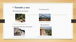 Movimiento de tierra
Fuente: proyecto del norte –equipos de movimiento de tierra
Construcción de carreteras
Construcción
Fuente: Excavadora CATERPILLAR 320 C
Demolición
Fuente: Rehabilitación carretera Guamote-11km Fuente: excavadora de la demolición de casas para la reconstrucción.
 