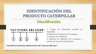 1. Código de fabricación mundial de
Caterpillar
2. Sección de descripción de la máquina.
3. Carácter de verificación.
4. Selección de indicador de la maquina o
número de secuencia del producto.
Fuente Manual de Operación y Mantenimiento, USA, Traducción 2008. Pág. 5
 