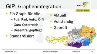 GIP. Graphenintegration.
 Ein Graph für Alle
– Fuß, Rad, Auto, Öffi
– Ganz Österreich
– Dezentral gepflegt

 Aktuell
 Vollständig
 Geprüft

 Standardisiert

November 2013

Rainer Haselberger

öffentlich

6

 