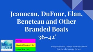 Jeanneau, DuFour, Elan,
Beneteau and Other
Branded Boats
36-42’
Independent and Trusted Resource for Boat
Searches, Buyers and Owners
Shortlist/Request Info
Jure’s Boat List
Review
 