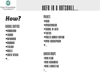OKFN in a nutshell...
How?                Projects
                    •CKAN
Regional Chapters   •OpenSpending
•Cambridge          •School of Data
•London             •Textus
•Edinburgh          •Public Domain Review
•Germany            •Open Shakespeare
•Finland            •...
•Brazil
•South Africa       Working Groups
•...                •Open GLAM
                    •Open Economics
                    •Open Linguistics
                    •...
 