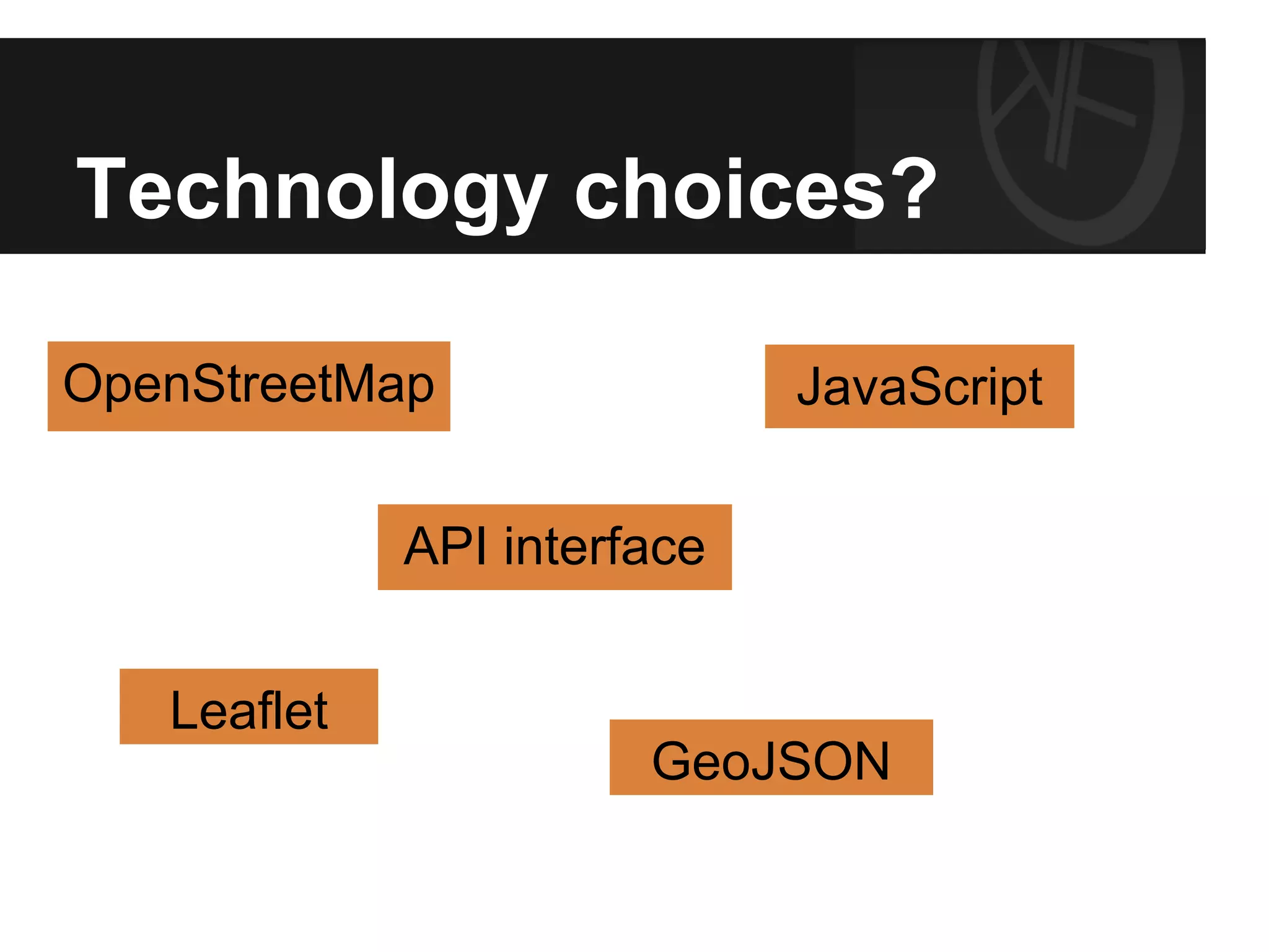 Technology choices?
OpenStreetMap JavaScript
API interface
Leaflet
GeoJSON