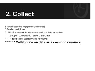 2. Collect
5 stars of "open data engagement" (Tim Davies)
* Be demand driven
* * Provide access to meta-data and put data in context
* * * Support conversation around the data
* * * * Build skills, capacity and networks
* * * * * Collaborate on data as a common resource
