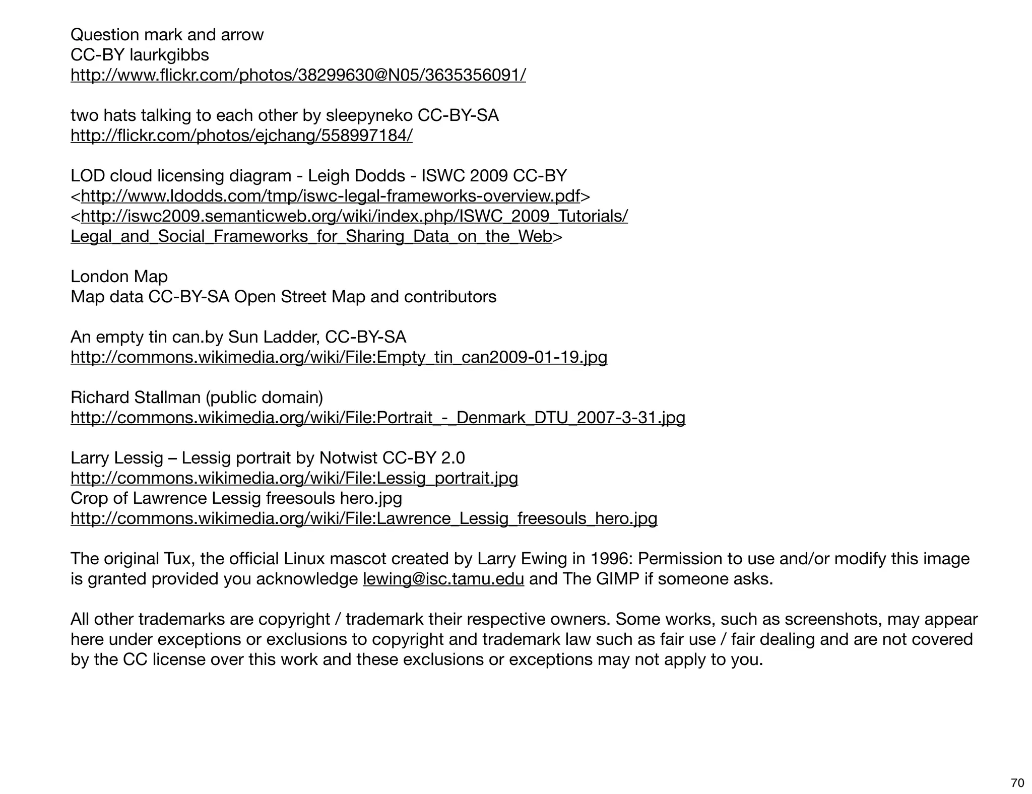 Question mark and arrow
CC-BY laurkgibbs
http://www.ﬂickr.com/photos/38299630@N05/3635356091/

two hats talking to each other by sleepyneko CC-BY-SA
http://ﬂickr.com/photos/ejchang/558997184/

LOD cloud licensing diagram - Leigh Dodds - ISWC 2009 CC-BY
<http://www.ldodds.com/tmp/iswc-legal-frameworks-overview.pdf>
<http://iswc2009.semanticweb.org/wiki/index.php/ISWC_2009_Tutorials/
Legal_and_Social_Frameworks_for_Sharing_Data_on_the_Web>

London Map
Map data CC-BY-SA Open Street Map and contributors

An empty tin can.by Sun Ladder, CC-BY-SA
http://commons.wikimedia.org/wiki/File:Empty_tin_can2009-01-19.jpg

Richard Stallman (public domain)
http://commons.wikimedia.org/wiki/File:Portrait_-_Denmark_DTU_2007-3-31.jpg

Larry Lessig – Lessig portrait by Notwist CC-BY 2.0
http://commons.wikimedia.org/wiki/File:Lessig_portrait.jpg
Crop of Lawrence Lessig freesouls hero.jpg
http://commons.wikimedia.org/wiki/File:Lawrence_Lessig_freesouls_hero.jpg

The original Tux, the ofﬁcial Linux mascot created by Larry Ewing in 1996: Permission to use and/or modify this image
is granted provided you acknowledge lewing@isc.tamu.edu and The GIMP if someone asks.

All other trademarks are copyright / trademark their respective owners. Some works, such as screenshots, may appear
here under exceptions or exclusions to copyright and trademark law such as fair use / fair dealing and are not covered
by the CC license over this work and these exclusions or exceptions may not apply to you.




                                                                                                                         70
 