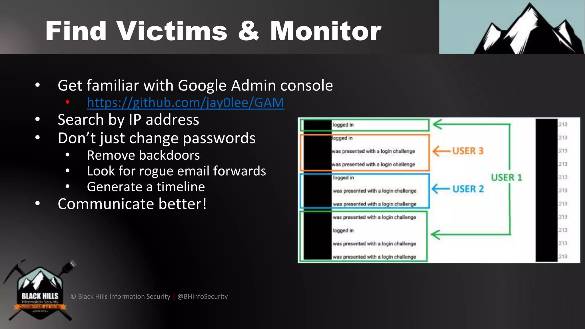 © Black Hills Information Security | @BHInfoSecurity
Find Victims & Monitor
• Get familiar with Google Admin console
• https://github.com/jay0lee/GAM
• Search by IP address
• Don’t just change passwords
• Remove backdoors
• Look for rogue email forwards
• Generate a timeline
• Communicate better!
 