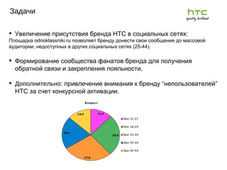 Задачи 2011 г. Увеличение присутствия бренда HTC в социальных сетях: Площадка odnoklassniki.ru позволяет бренду донести свои сообщения до массовой аудитории, недоступных в других социальных сетях (25-44). Формирование сообщества фанатов бренда для получения обратной связи и закрепления лояльности, Дополнительно:  привлечение внимания к бренду  “непользователей” HTC за счет конкурсной активации. 