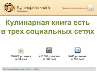 Продвижение приложения в  http://ovkuse.ru Кулинарная книга есть в трех социальных сетях 200 000 установок за 18 дней 415 000 установок за 300 дней 9 415 установки за 155 дней Кисленко Александр.  http://ssoll.ru 