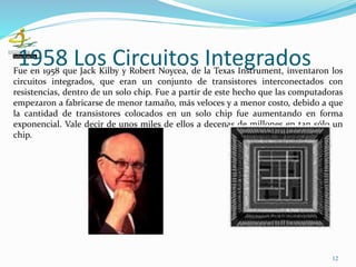 1958 Los Circuitos Integrados
12
Fue en 1958 que Jack Kilby y Robert Noycea, de la Texas Instrument, inventaron los
circuitos integrados, que eran un conjunto de transistores interconectados con
resistencias, dentro de un solo chip. Fue a partir de este hecho que las computadoras
empezaron a fabricarse de menor tamaño, más veloces y a menor costo, debido a que
la cantidad de transistores colocados en un solo chip fue aumentando en forma
exponencial. Vale decir de unos miles de ellos a decenas de millones en tan sólo un
chip.
 
