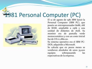 1981 Personal Computer (PC)
20
El 12 de agosto de 1981 IBM lanzó la
Personal Computer (IBM PC), que
poseía un microprocesador 8088, 16K
de RAM, ampliable a 256k y una
unidad de diskettes de 160K. Su
monitor era de pantalla verde
monocromática y con un costo inicial
fue de US $ 2,880.00.
Su sistema operativo era el IBM PC-
DOS, adquirido a Microsoft.
Se calcula que en pocos meses se
vendieron alrededor de unos 35,000
equipos sobrepasando las
expectativas de la empresa.
 