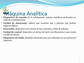 Máquina Analítica
3
 Dispositivo de entrada de la información: tarjetas metálicas perforadas en
miles de combinaciones.
 Unidad de almacenaje: tablero que contenía ejes y piñones que podían
registrar dígitos.
 Procesador: dispositivo con cientos de ejes verticales y miles de piñones.
 Unidad de control: dispositivo en forma de barril con filamentos y ejes (como
cuerdas de piano).
 Dispositivo de salida: plantillas diseñadas para ser utilizadas en una prensa de
imprenta.
 
