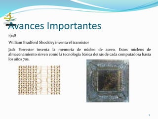 Avances Importantes
9
1948
William Bradford Shockley inventa el transistor
Jack Forrester inventa la memoria de núcleo de acero. Estos núcleos de
almacenamiento sirven como la tecnología básica detrás de cada computadora hasta
los años 70s.
 