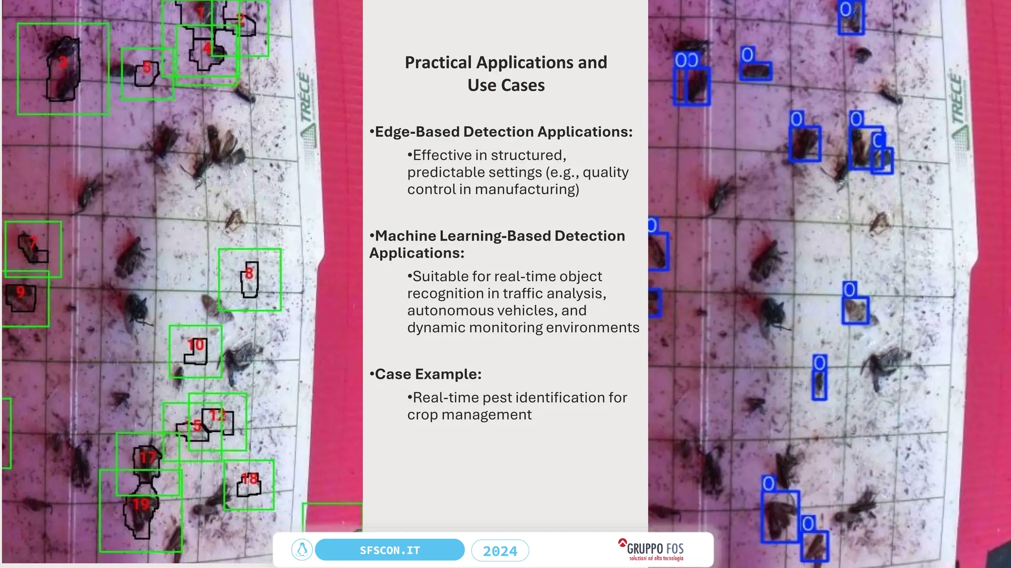 Practical Applications and
Use Cases
•Edge-Based Detection Applications:
•Effective in structured,
predictable settings (e.g., quality
control in manufacturing)
•Machine Learning-Based Detection
Applications:
•Suitable for real-time object
recognition in traffic analysis,
autonomous vehicles, and
dynamic monitoring environments
•Case Example:
•Real-time pest identification for
crop management
 