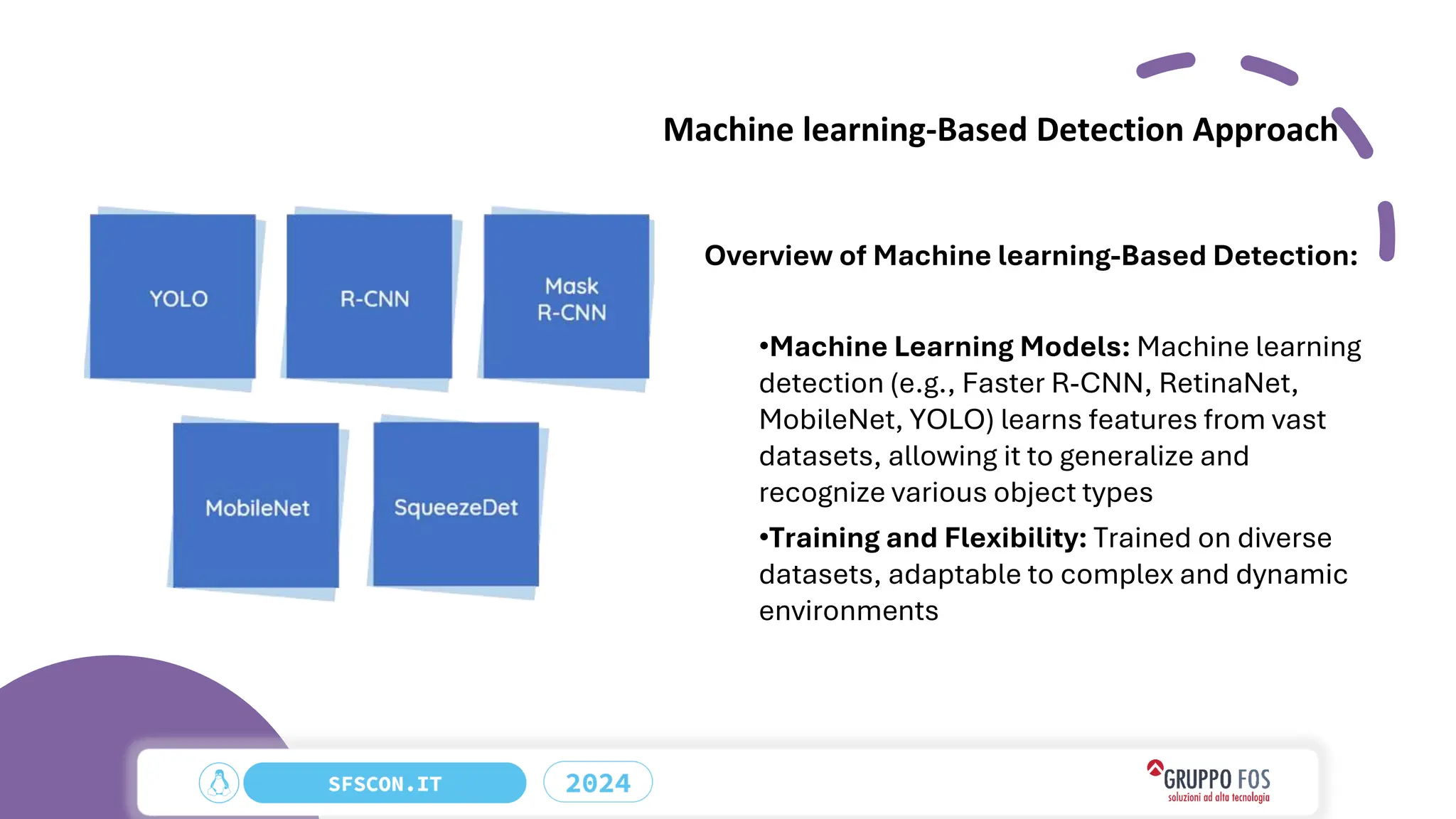 Machine learning-Based Detection Approach
Overview of Machine learning-Based Detection:
•Machine Learning Models: Machine learning
detection (e.g., Faster R-CNN, RetinaNet,
MobileNet, YOLO) learns features from vast
datasets, allowing it to generalize and
recognize various object types
•Training and Flexibility: Trained on diverse
datasets, adaptable to complex and dynamic
environments
 