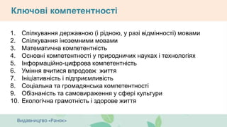1. Спілкування державною (і рідною, у разі відмінності) мовами
2. Спілкування іноземними мовами
3. Математична компетентність
4. Основні компетентності у природничих науках і технологіях
5. Інформаційно-цифрова компетентність
6. Уміння вчитися впродовж життя
7. Ініціативність і підприємливість
8. Соціальна та громадянська компетентності
9. Обізнаність та самовираження у сфері культури
10. Екологічна грамотність і здорове життя
Ключові компетентності
 