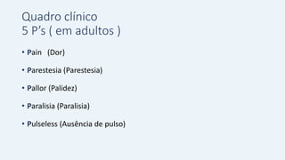 Quadro clínico
5 P’s ( em adultos )
• Pain (Dor)
• Parestesia (Parestesia)
• Pallor (Palidez)
• Paralisia (Paralisia)
• Pulseless (Ausência de pulso)
 