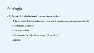 Etiologia
• B) Distúrbios sistémicos/ causas atraumáticas
• ↑da pressão intracompartimental – por distúrbios sanguíneos ou de coagulação
• Mordeduras de cobras
• Laceração arterial
• Fluidoterapia EV /Infusão de drogas (dopamina..)
• Abcessos
 