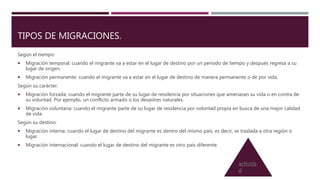 TIPOS DE MIGRACIONES.
Según el tiempo:
 Migración temporal: cuando el migrante va a estar en el lugar de destino por un periodo de tiempo y después regresa a su
lugar de origen.
 Migración permanente: cuando el migrante va a estar en el lugar de destino de manera permanente o de por vida.
Según su carácter:
 Migración forzada: cuando el migrante parte de su lugar de residencia por situaciones que amenazan su vida o en contra de
su voluntad. Por ejemplo, un conflicto armado o los desastres naturales.
 Migración voluntaria: cuando el migrante parte de su lugar de residencia por voluntad propia en busca de una mejor calidad
de vida.
Según su destino:
 Migración interna: cuando el lugar de destino del migrante es dentro del mismo país, es decir, se traslada a otra región o
lugar.
 Migración internacional: cuando el lugar de destino del migrante es otro país diferente.
activida
d
 