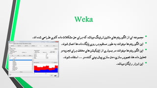 •
‫مجموعه‬
‫اند‬ ‫شده‬ ‫طراحی‬ ‫کاوی‬ ‫داده‬ ‫مشکالت‬ ‫حل‬ ‫برای‬ ‫که‬ ‫میباشد‬ ‫لرنینگ‬ ‫ماشین‬ ‫های‬ ‫الگوریتم‬ ‫از‬ ‫ای‬
.
•
‫این‬
‫اعمال‬ ‫ها‬ ‫داده‬ ‫پایگاه‬ ‫روی‬ ‫بر‬ ‫مستقیم‬ ‫طور‬ ‫به‬ ‫میتوانند‬ ‫ها‬ ‫الگوریتم‬
‫شوند‬
.
•
‫این‬
‫برای‬ ‫مختلف‬ ‫های‬ ‫اپلیکیشن‬ ‫از‬ ‫بسیاری‬ ‫در‬ ‫میتوانند‬ ‫ها‬ ‫الگوریتم‬
‫و‬ ‫تجزیه‬
‫و‬ ‫کننده‬ ‫بینی‬ ‫پیش‬ ‫سازی‬ ‫مدل‬ ،‫سازی‬ ‫تصویر‬ ،‫ها‬ ‫داده‬ ‫تحلیل‬
...
‫شوند‬ ‫استفاده‬
.
•
‫میباشد‬ ‫رایگان‬ ‫ابزار‬ ‫این‬
.
 