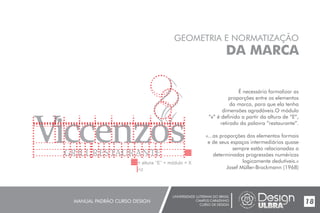 UNIVERSIDADE LUTERANA DO BRASIL
CAMPUS CARAZINHO
CURSO DE DESIGN
MANUAL PADRÃO CURSO DESIGN 18
GEOMETRIA E NORMATIZAÇÃO
DA MARCA
É necessário formalizar as
proporções entre os elementos
da marca, para que ela tenha
dimensões agradáveis.O módulo
“x” é definido a partir da ” ”,
retirado da palavra ” ”
«...as proporções dos elementos formais
e de seus espaços intermediários quase
sempre estão relacionadas a
determinadas progressões numéricas
logicamente dedutíveis.»
Josef Müller-Brockmann (1968)
altura de E
restaurante .
 