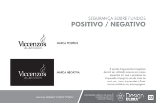 UNIVERSIDADE LUTERANA DO BRASIL
CAMPUS CARAZINHO
CURSO DE DESIGN
MANUAL PADRÃO CURSO DESIGN 23
SEGURANÇA SOBRE FUNDOS
POSITIVO / NEGATIVO
A versão traço positivo/negativo
deverá ser utilizada apenas em casos
especiais em que o processo de
impressão impeça o uso de mais de
uma cor, como impressões a laser
monocromáticas ou estampagens.
MARCA POSITIVA
MARCA NEGATIVA
 