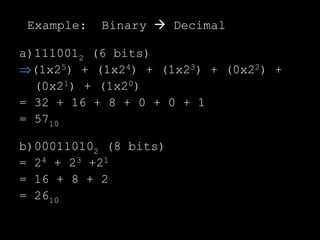 Example: Binary  Decimal
a)1110012 (6 bits)
(1x25) + (1x24) + (1x23) + (0x22) +
(0x21) + (1x20)
= 32 + 16 + 8 + 0 + 0 + 1
= 5710
b)000110102 (8 bits)
= 24 + 23 +21
= 16 + 8 + 2
= 2610
 