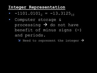 Integer Representation
• -1101.01012 = -13.312510
• Computer storage &
processing  do not have
benefit of minus signs (-)
and periods.
 Need to represent the integer 
 