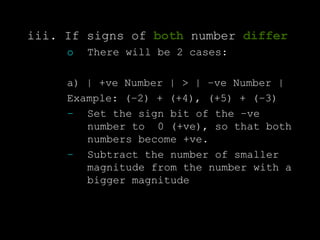 iii. If signs of both number differ
o There will be 2 cases:
a) | +ve Number | > | –ve Number |
Example: (–2) + (+4), (+5) + (–3)
– Set the sign bit of the –ve
number to 0 (+ve), so that both
numbers become +ve.
– Subtract the number of smaller
magnitude from the number with a
bigger magnitude
 
